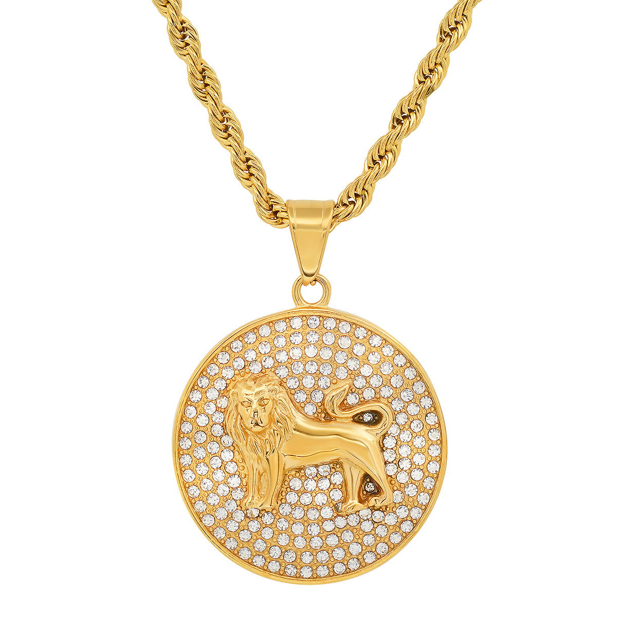 Men's 18k Gold Plated Stainless Steel And Simulated Diamonds Round Lion Pendant Best Pices