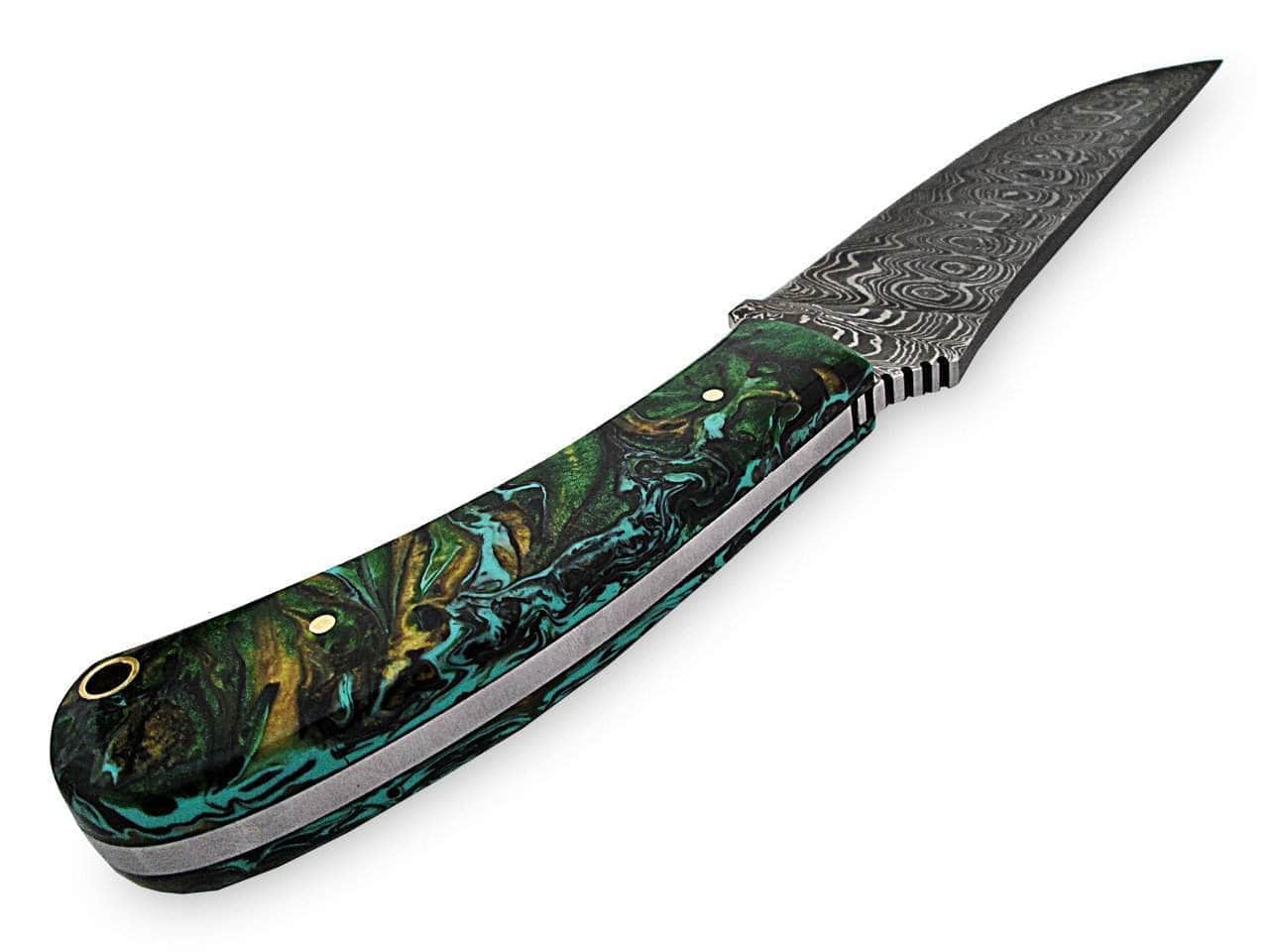 White Deer Large Executive Damascus Knife, 5.4 Blade, Green Resin Handle, Sheath WDM-2374 Free Shipping Clearance Store