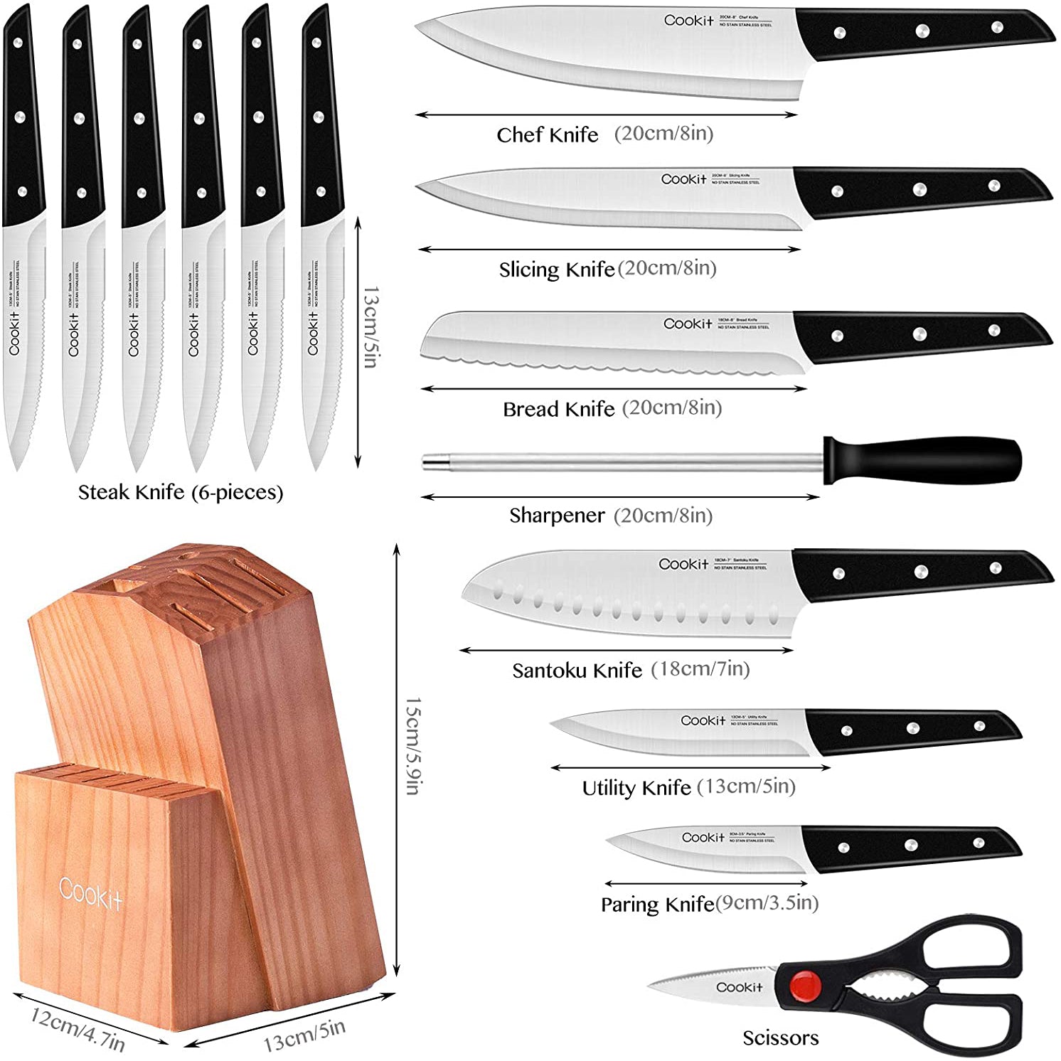 15-Pieces Set: Cookit Germany Stainless Steel Knife Block Set and Serrated Steak Knives Tumblr Online