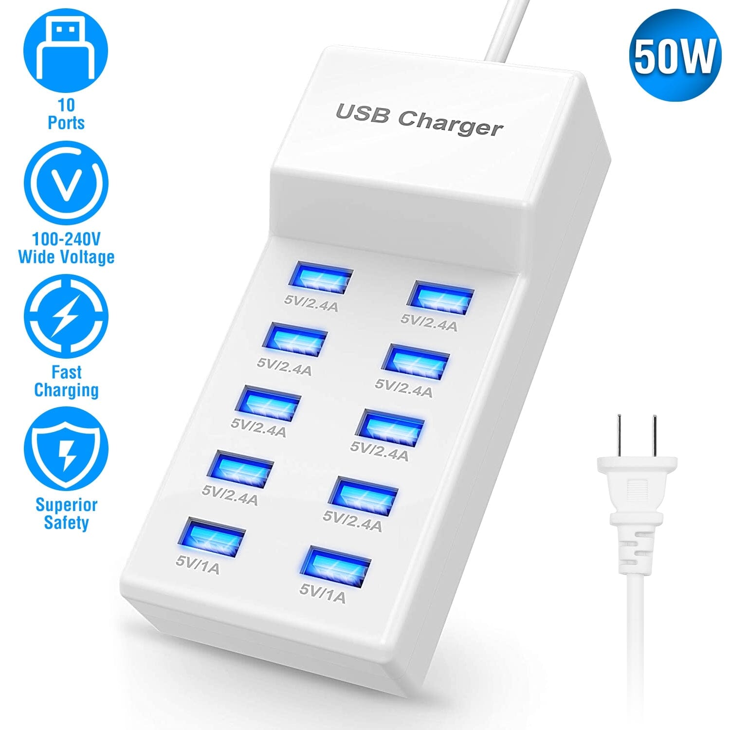 10-Ports 50W USB Wall Fast Charging Power Adapter Buy Online