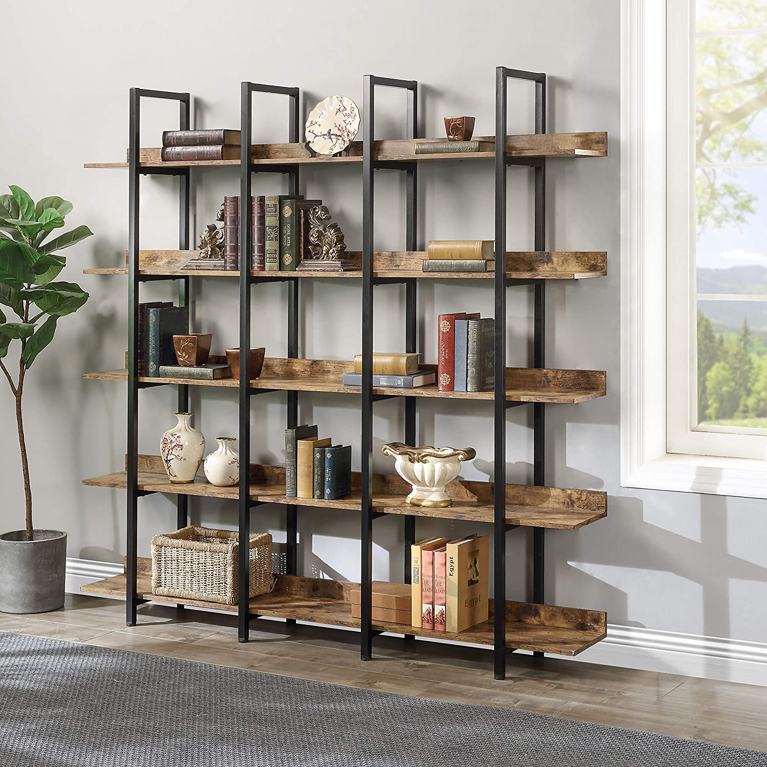 5-Tier Bookcase Tall Bookshelf, Storage Shelf with Metal Frame Discount For Cheap