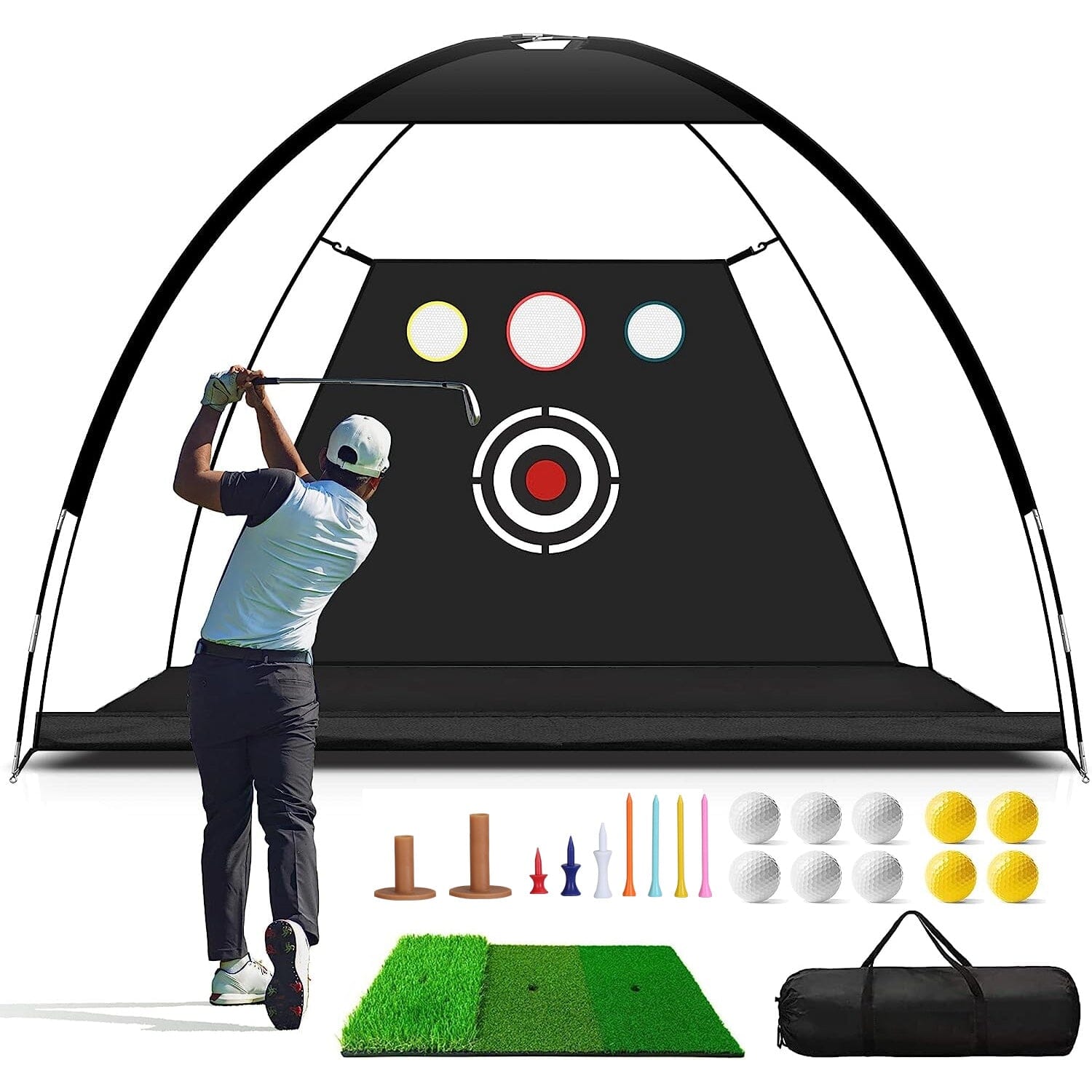 Golf Training Aids Driving Hitting Nets with Tri-Turf Golf Mat Target Cloth 10 Golf Balls 7 Golf Tees 2 Rubber Golf Tee Holders Carry Bag for Indoor Outdoor Sports Free Shipping Best