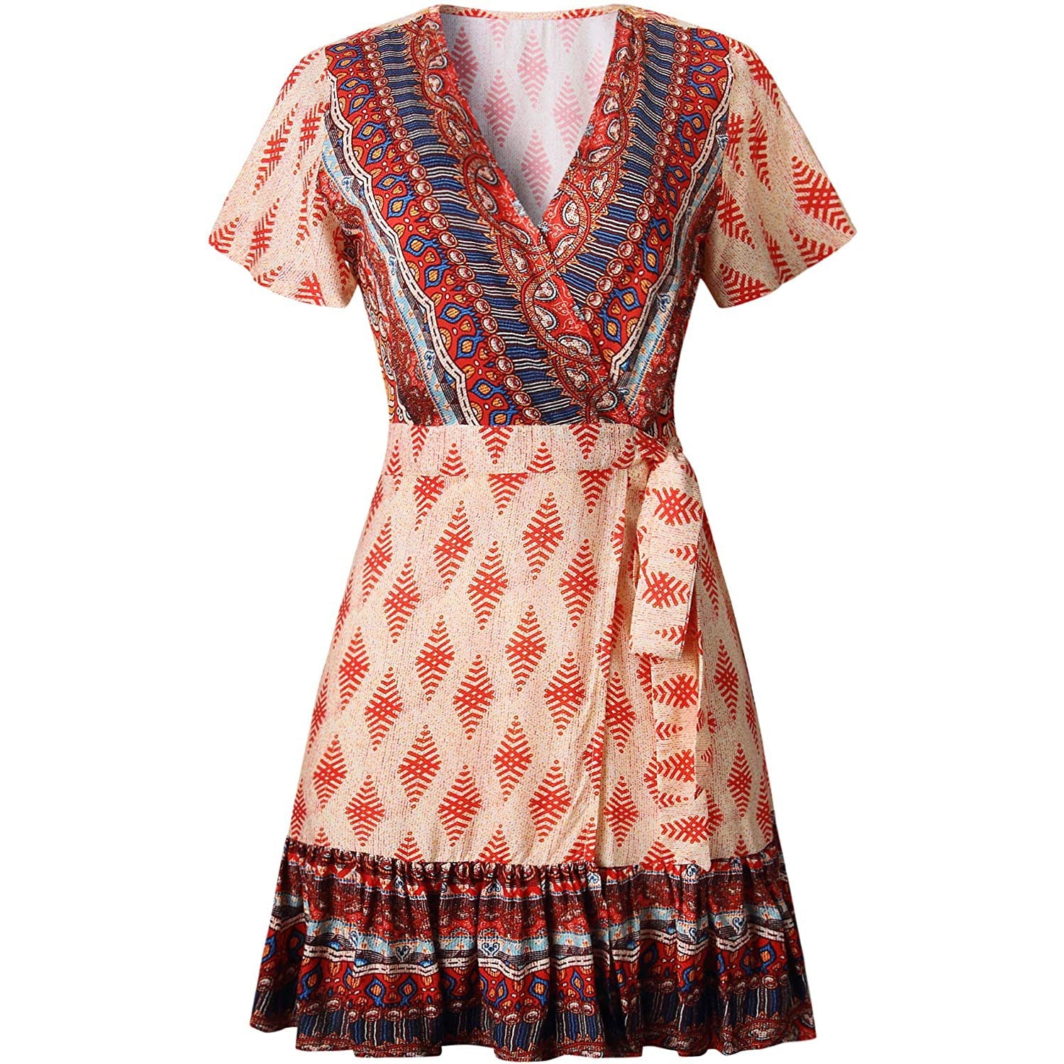 Women's Summer Wrap V Neck Bohemian Floral Print Mini Dress Cheap Geniue Stockist