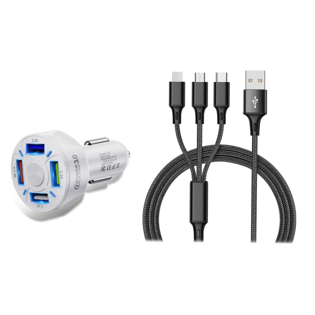 4 Port LED Car Charger + 3-in-1 Cable Combo Browse For Sale