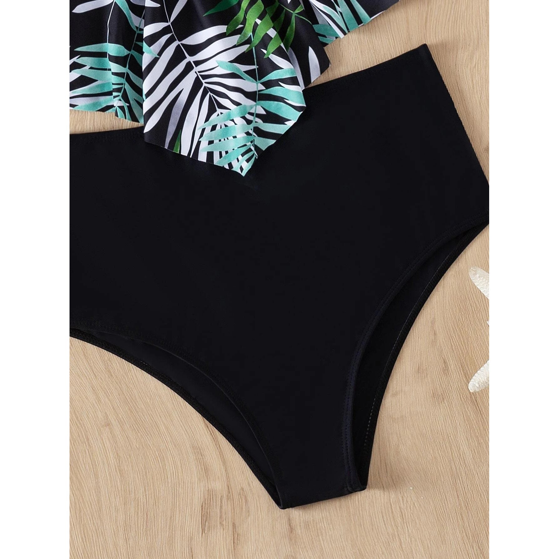 Leaf Print Hanky Hem High Waisted Bikini Swimsuit Cheap Online Online