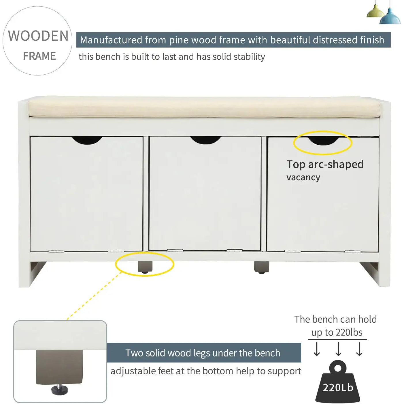 Storage Bench with Removable Cushion and 3 Flip Lock Storage Cubbies For Sale Official Site