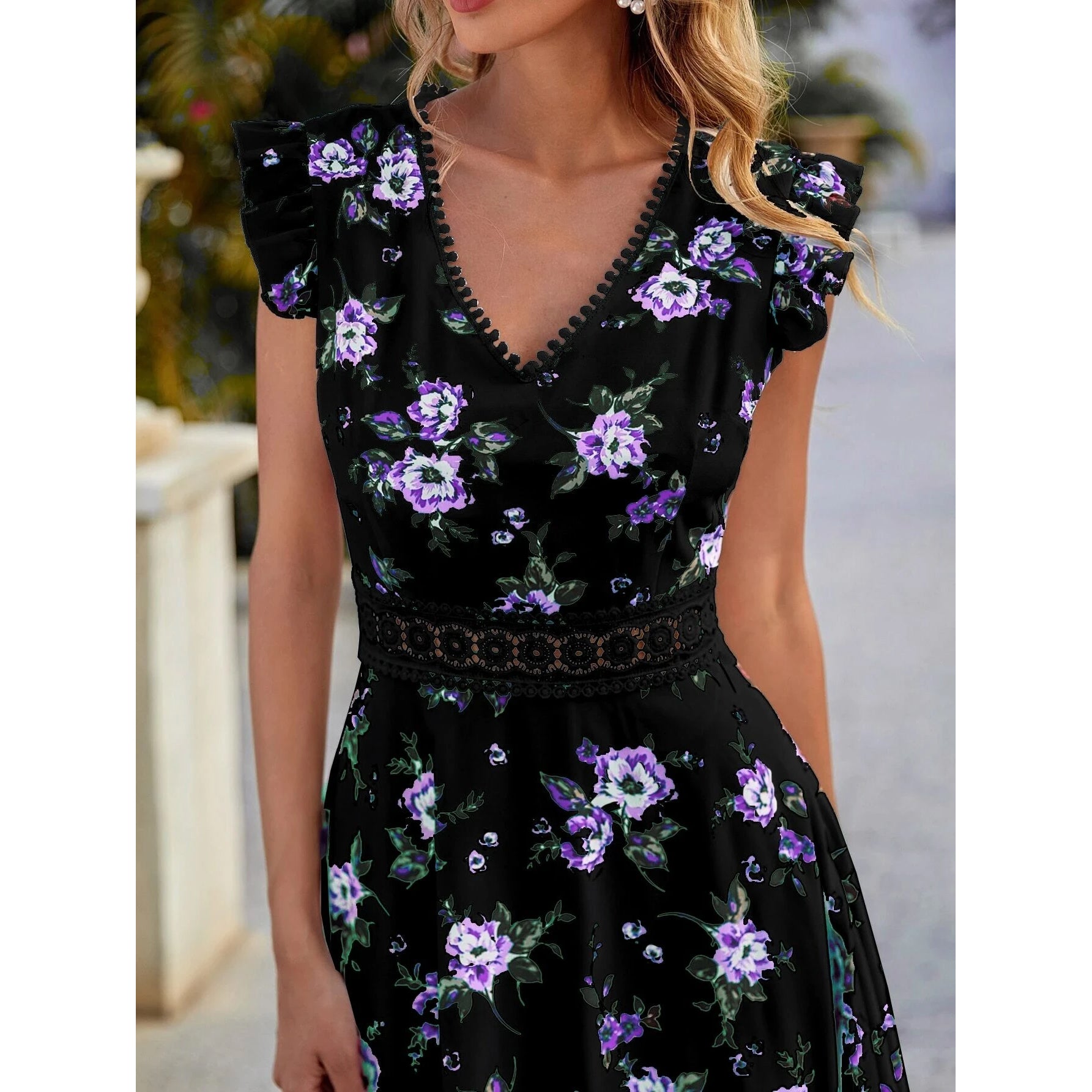 Women's Full Body Floral Print High Low Hem A-Line Dress Cheap Explore