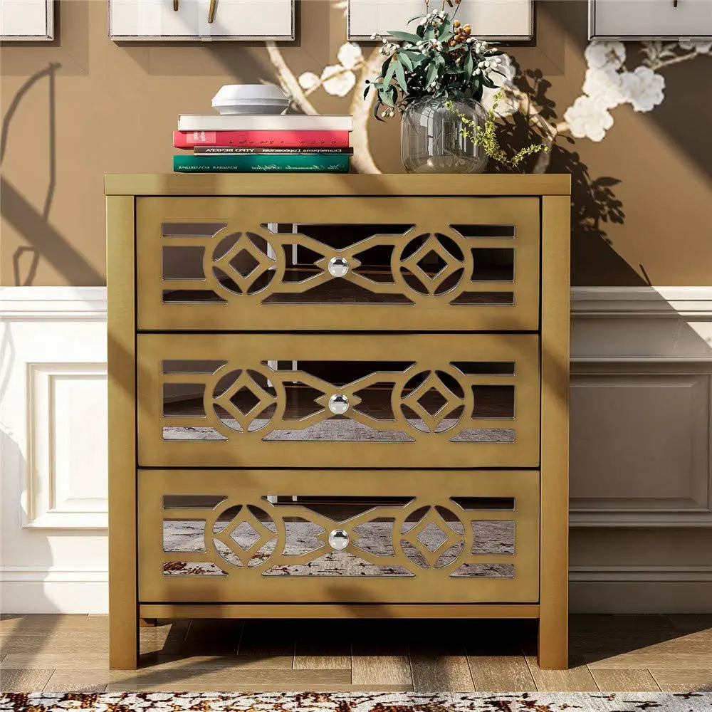 Mirrored Carved Pattern Modern Gold Finish Bedroom Nightstand Sale With Mastercard