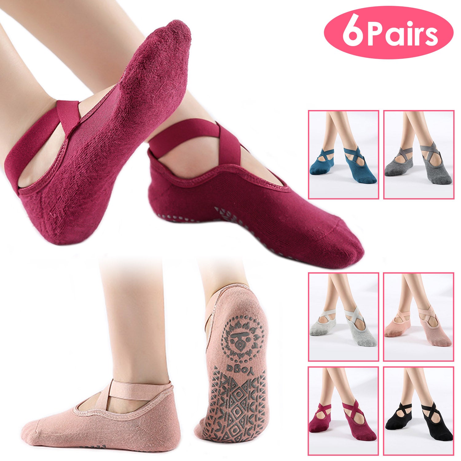 6-Pack: Women Yoga Socks with Straps Non-Slip Grips 100% Original Sale Online