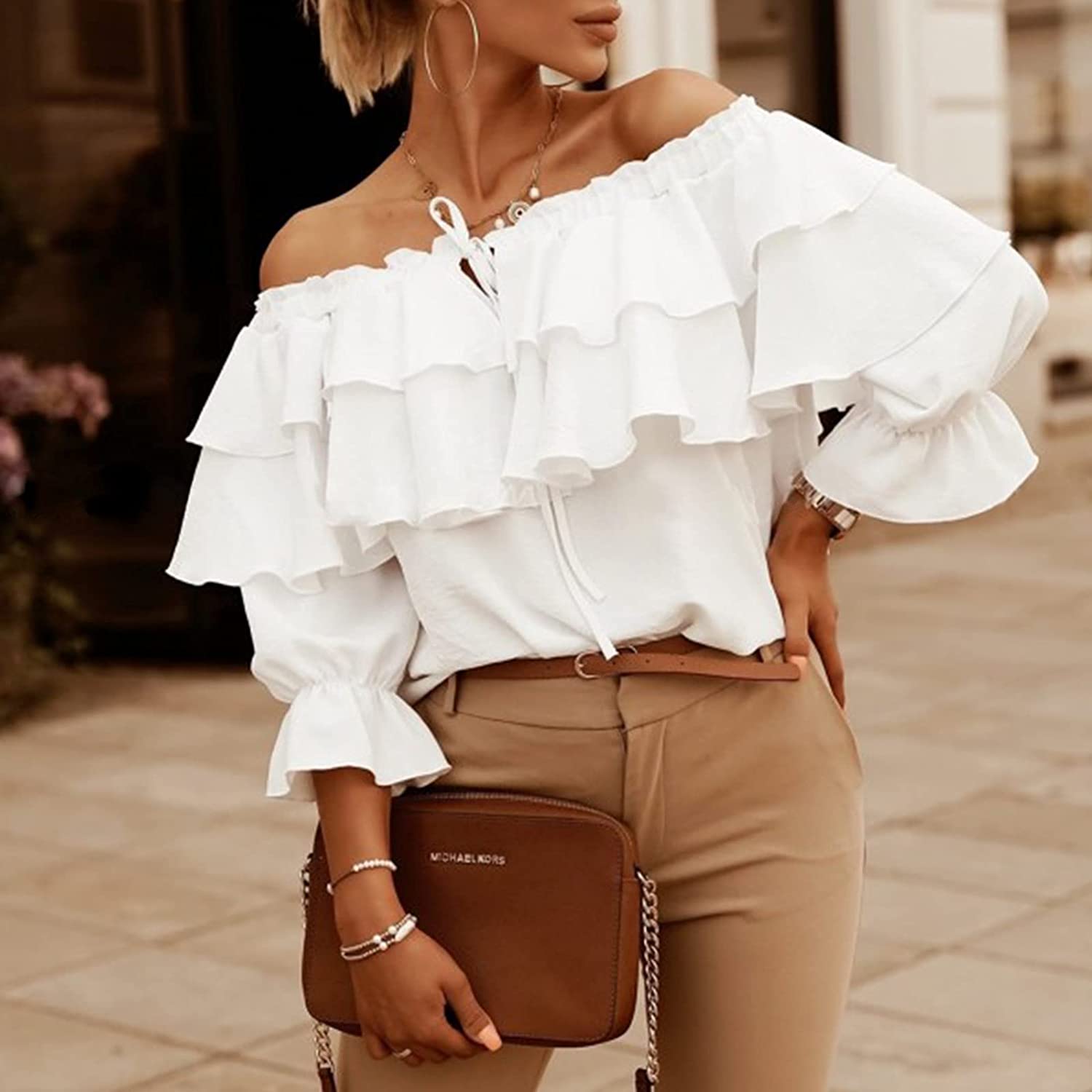 Women's Off Shoulder Ruffle Long Sleeve Shirt Casual Layered Top Free Shipping Pay With Visa