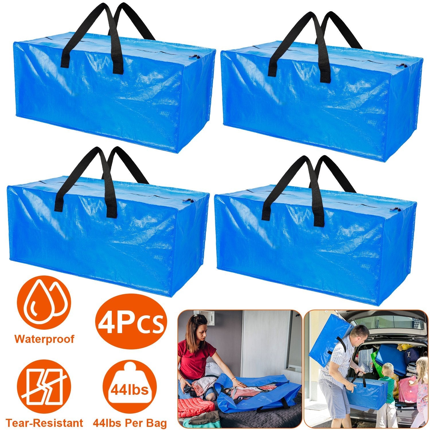 4-Pieces: Reusable Plastic Totes Blue Moving Bin Zippered Storage Bag Outlet Store Cheap Online