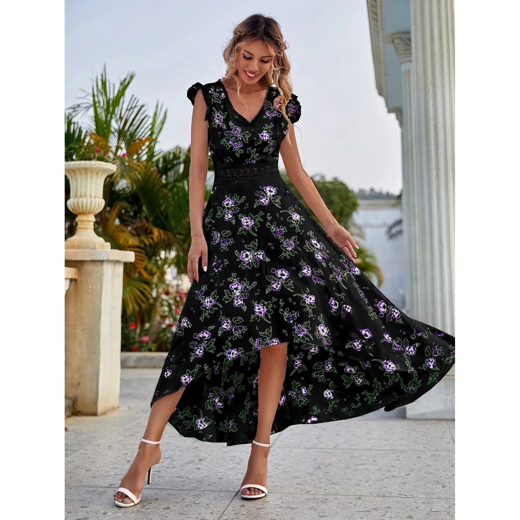 Women's Full Body Floral Print High Low Hem A-Line Dress Cheap Explore