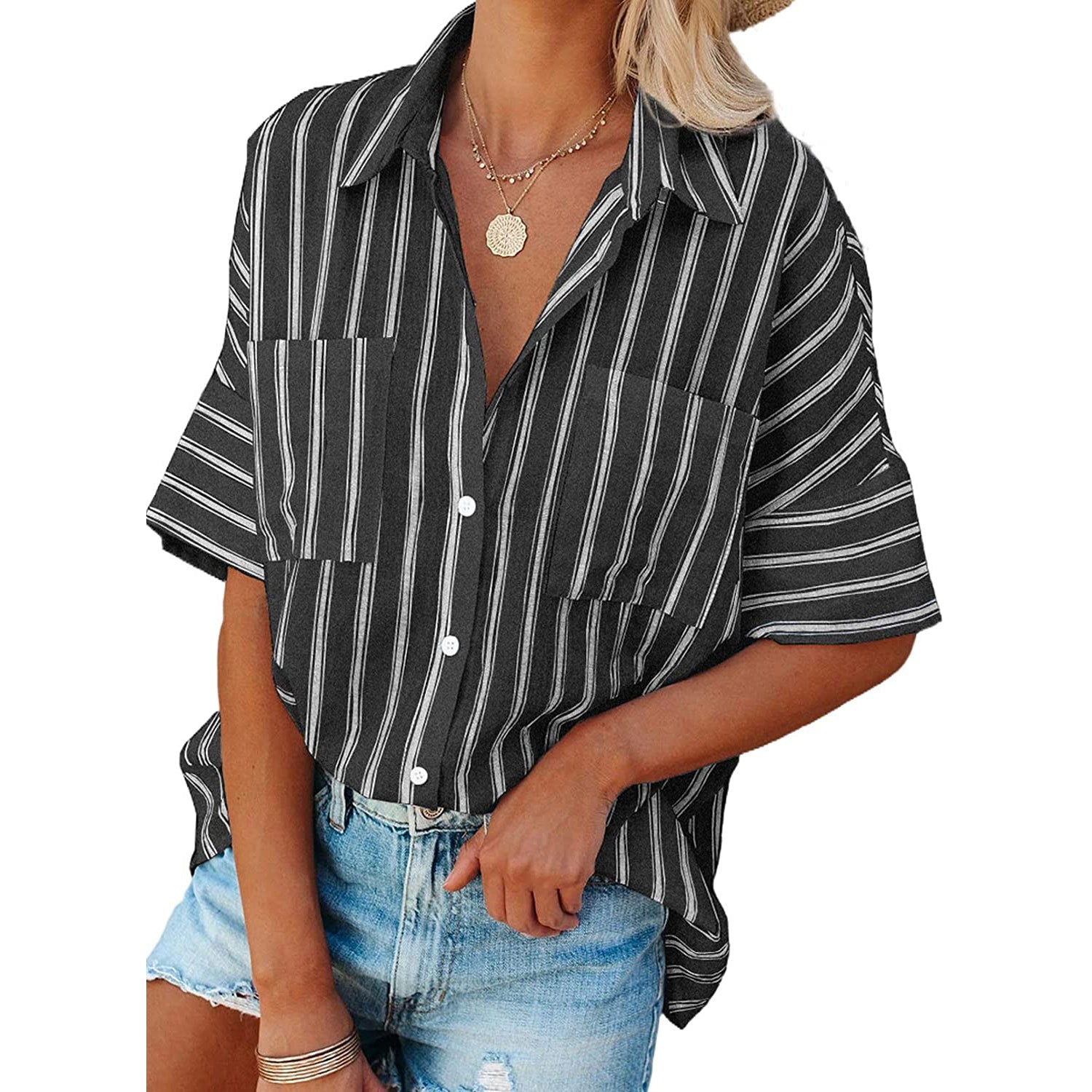 Women's V Neck Striped Roll Up Cuff Button Shirt Top Cheap Sale Explore