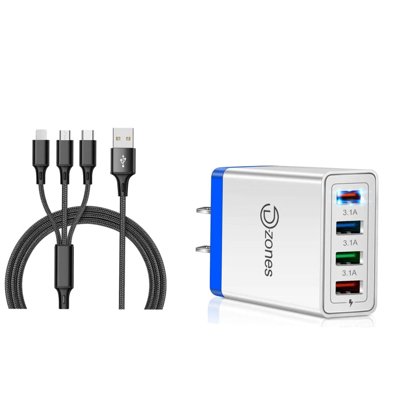 2-Piece Set: 4-Port High Speed Wall Charger + 3-in-1 Cable Combo For Nice