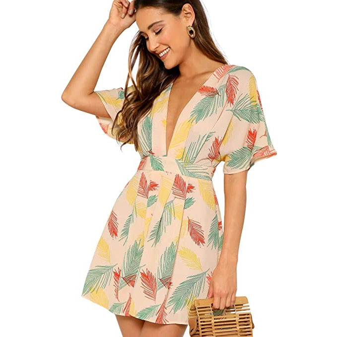 Women's Ditsy Floral Plunge Neck Knot Front A Line Short Dress Discount Release Dates