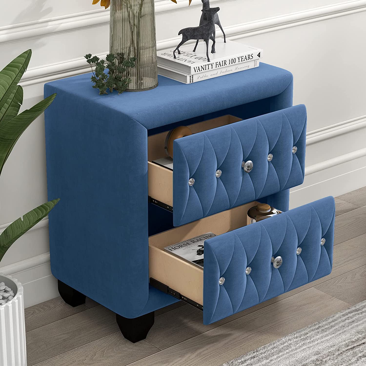 27.9 Tall Bedside Table Blue Upholstered Velvet 2-Drawer Nightstand Websites Online