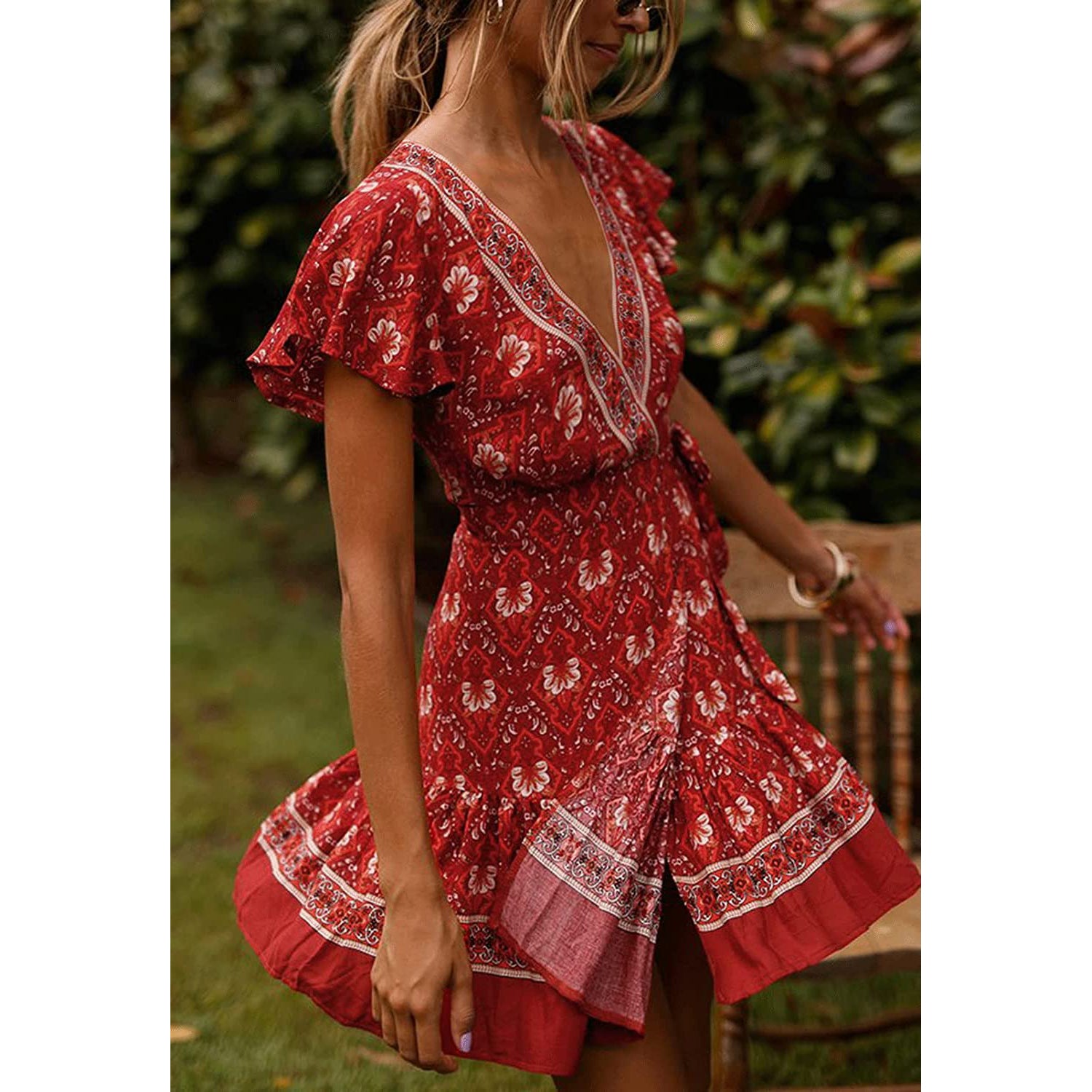 Women's Summer Wrap V Neck Bohemian Floral Print Mini Dress Cheap Geniue Stockist