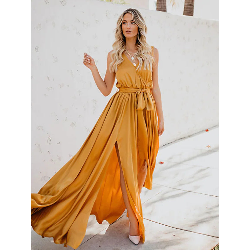 Women's Solid Color Slit Tie Maxi Dress Sale Good Selling