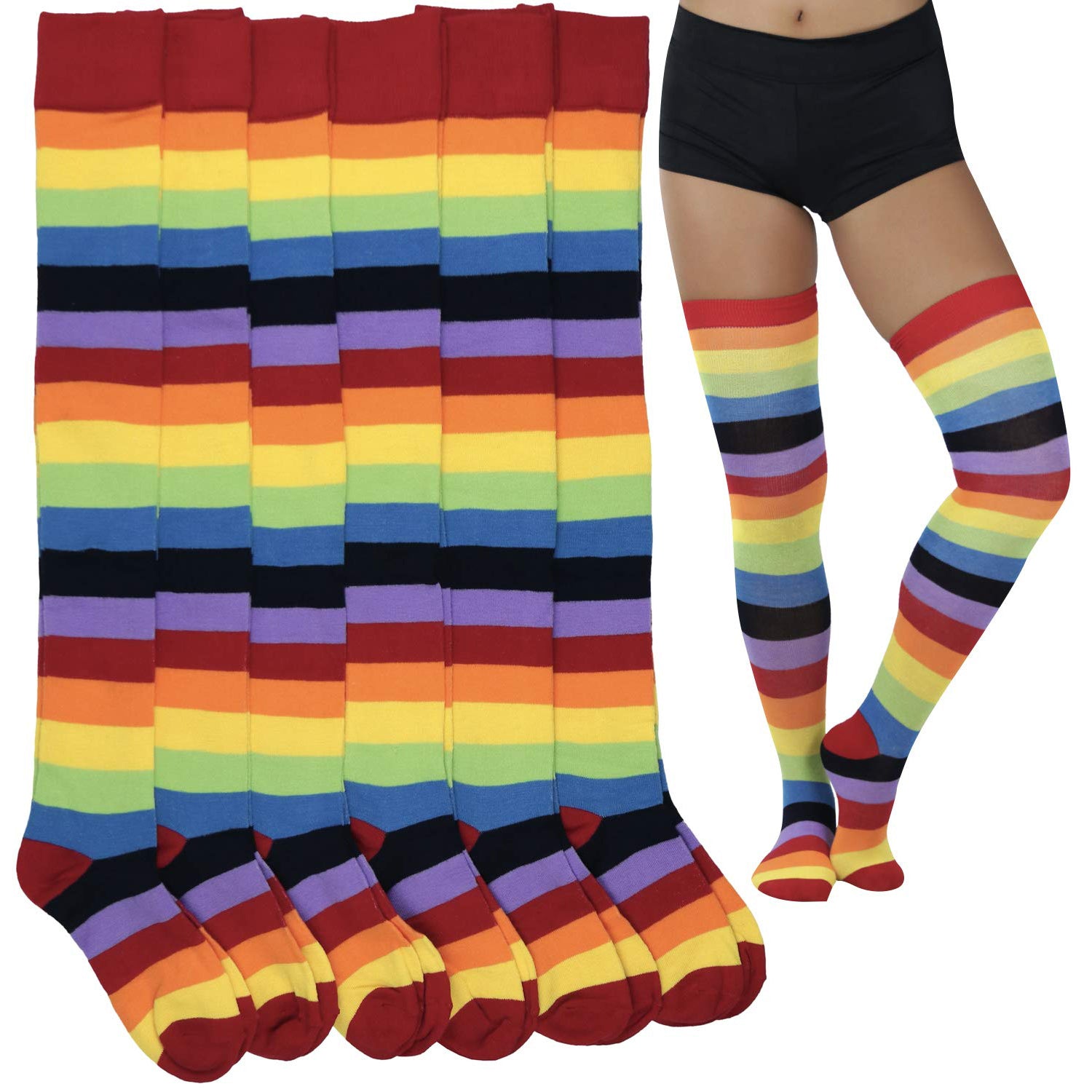 6-Pack: ToBeInStyle Women's Bright Rainbow Striped Thigh High Rave Stockings Best Place Sale Online