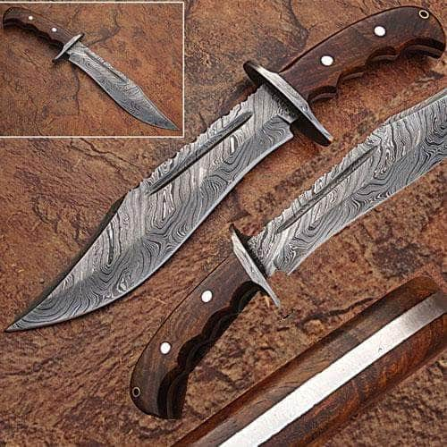 White Deer Damascus Bowie Knife, 8.6 Blade, Rosewood Handle, Sheath - DM-2248 Sale Recommend