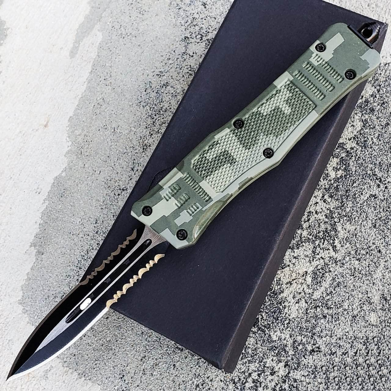 Delta Force OTF Automatic Knife, 2.75 Dual Serrated Blade, Camo Handle - OTFM-11CA Visa Payment Cheap Pice