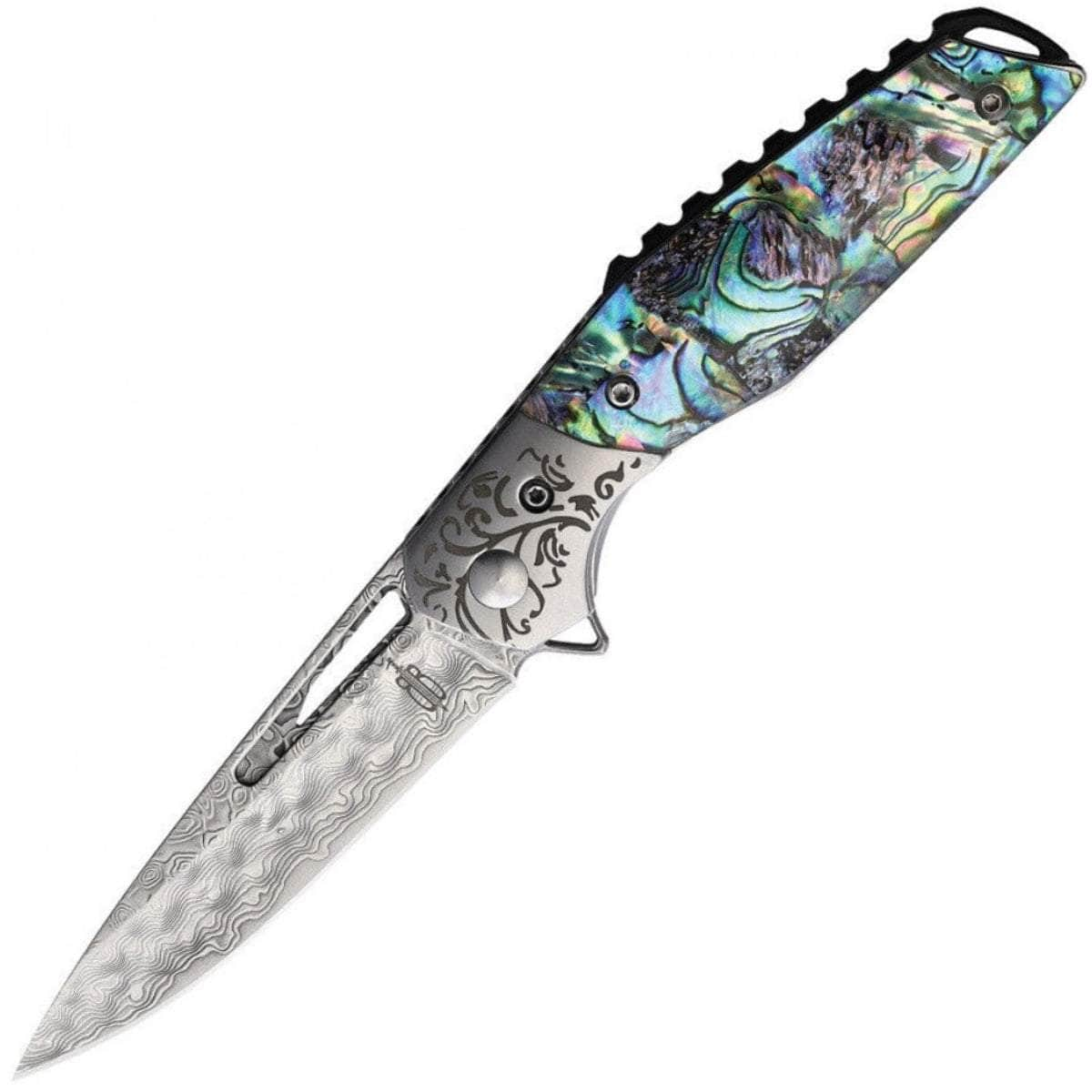 BnB Knives Abalone Flipper, 3 Damascus Blade, Abalone Handle, Sheath - BNB1991A Reliable