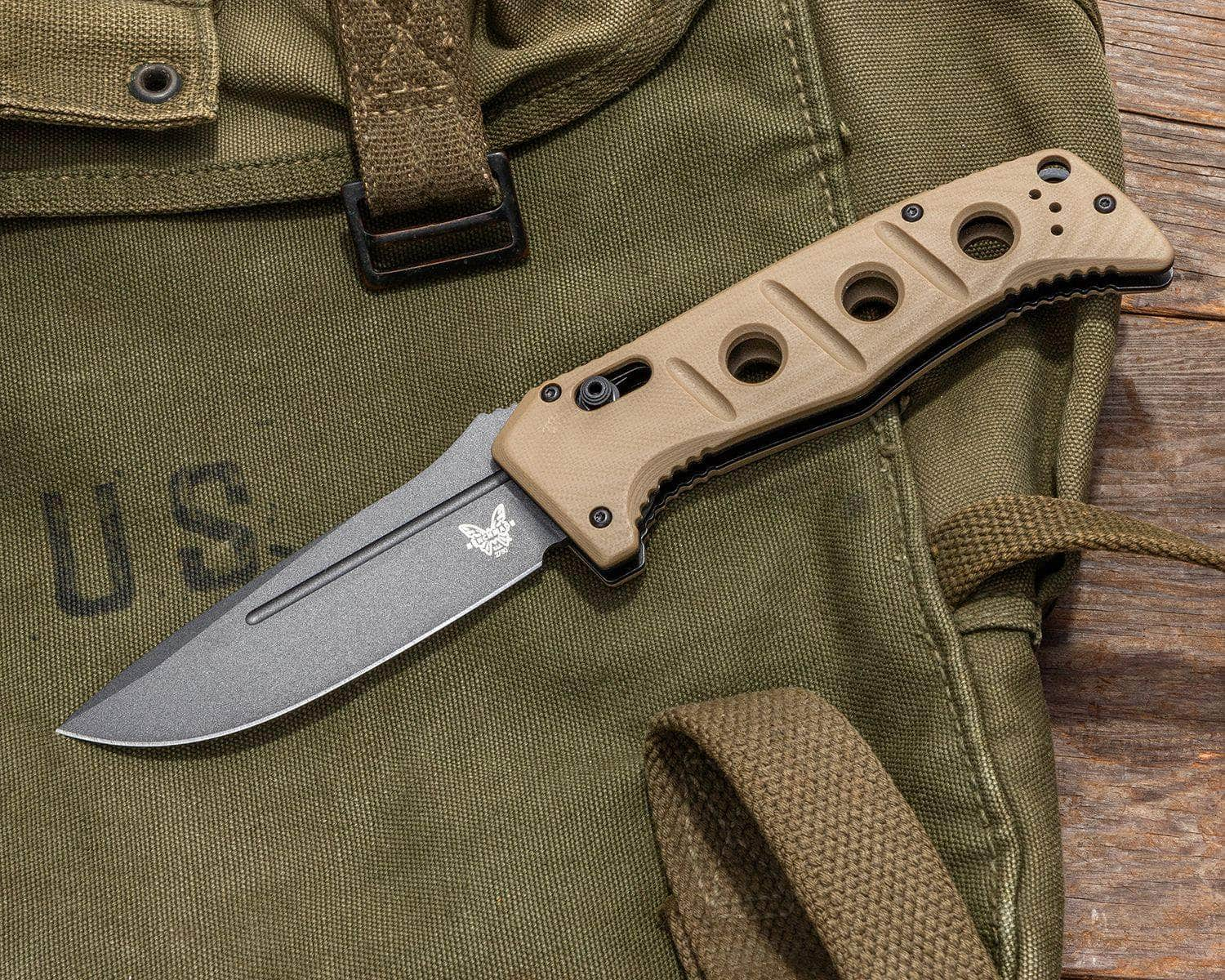 Benchmade 2750GY-3 Shane Sibert AUTO Adamas Folding Knife 3.78 CruWear Tungsten Gray Plain Blade, Desert Tan G10 Handles, Ballistic Nylon Sheath Order Online