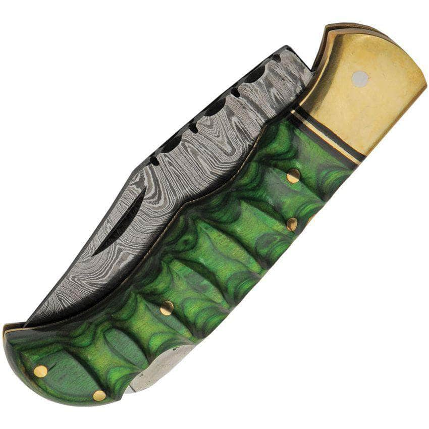 Damascus Lockback, 3 Blade, Emerald Wood Handle, Leather Sheath DM-1303GN Cheap Sale Store