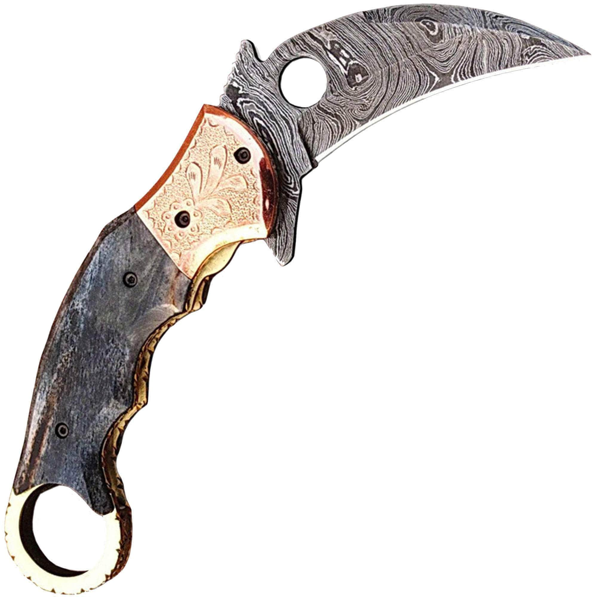 White Deer Ka-Rambo Damascus Folding Karambit, 3.5 Blade, Giraffe Bone Handle, Sheath Good Selling Cheap Pice