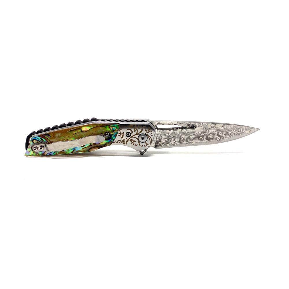 BnB Knives Abalone Flipper, 3 Damascus Blade, Abalone Handle, Sheath - BNB1991A Reliable