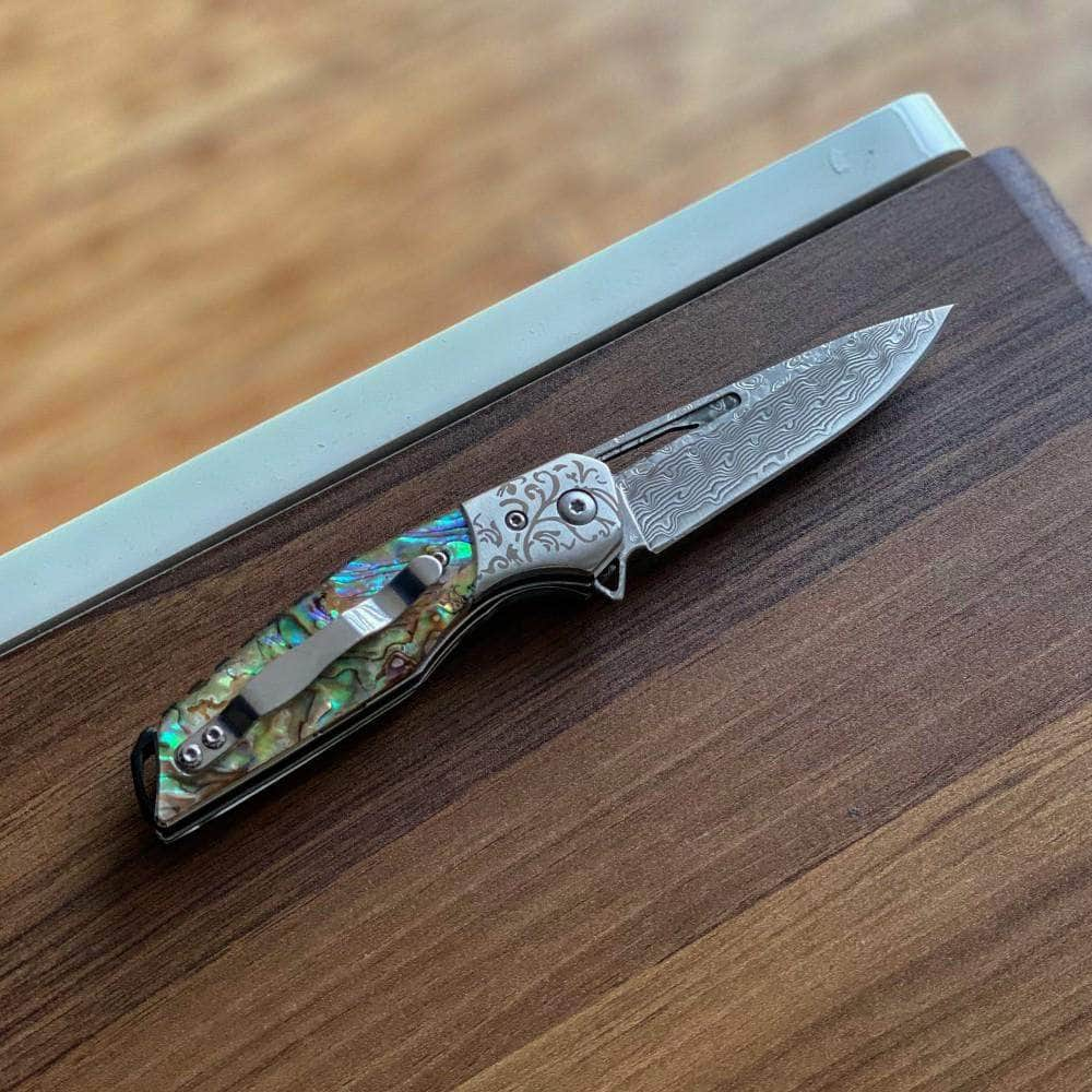 BnB Knives Abalone Flipper, 3 Damascus Blade, Abalone Handle, Sheath - BNB1991A Reliable