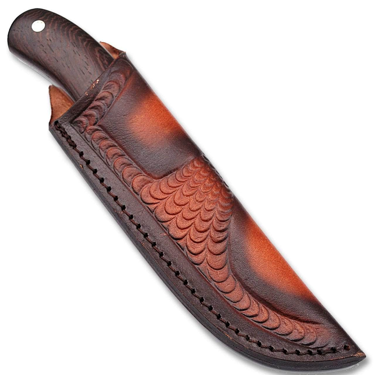 White Deer Damascus Knife, 4.75 Blade, Cocobolo Wood Handle, Leather Sheath - DF-201 Cheap Sale Supply