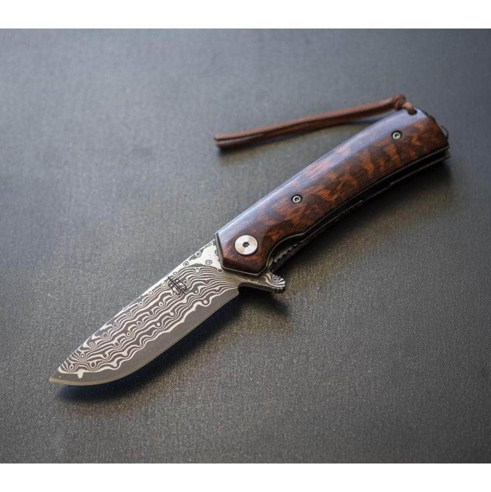 BnB Knives Snakewood Flipper, 3 Damascus Blade, Wood Handle - BNB388101S Best Seller