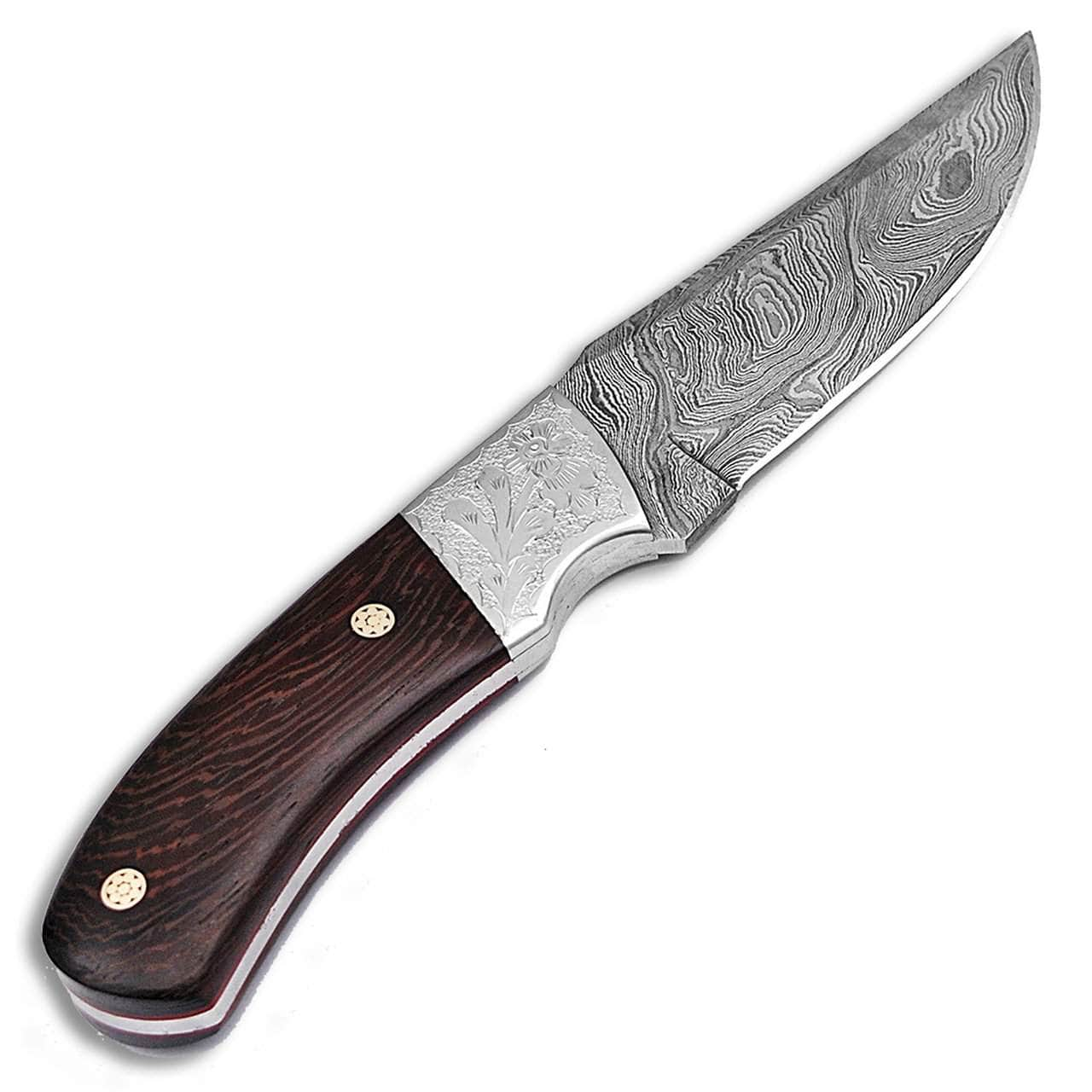 White Deer Damascus Knife, 4.75 Blade, Cocobolo Wood Handle, Leather Sheath - DF-201 Cheap Sale Supply