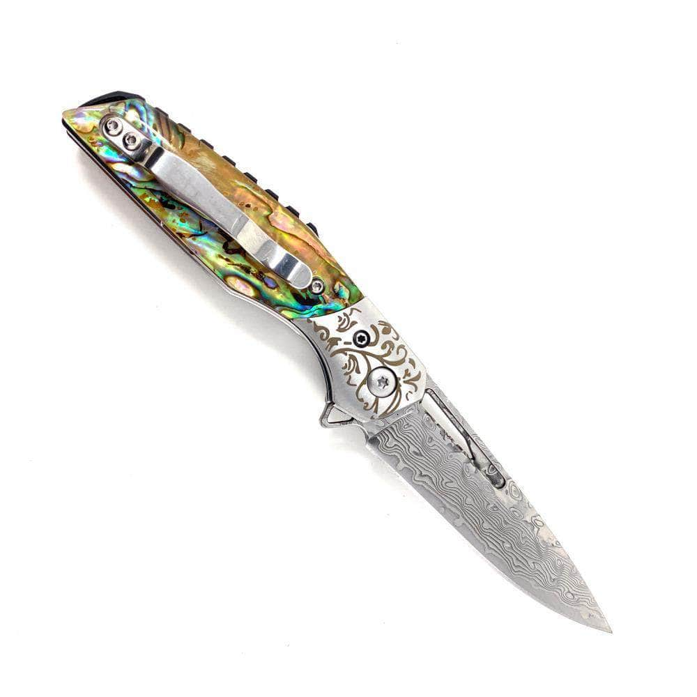 BnB Knives Abalone Flipper, 3 Damascus Blade, Abalone Handle, Sheath - BNB1991A Reliable