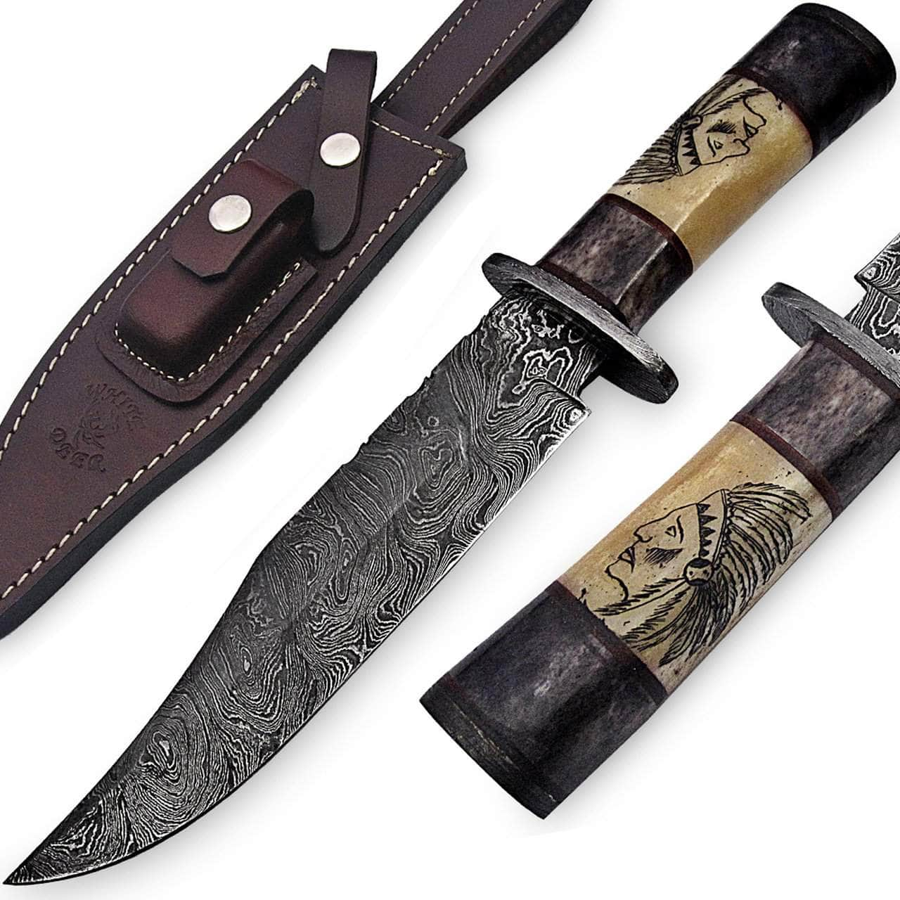 White Deer Outback Damascus Bowie, 7.4 Blade, Bone Handle, Sheath - DM-2418 Marketable