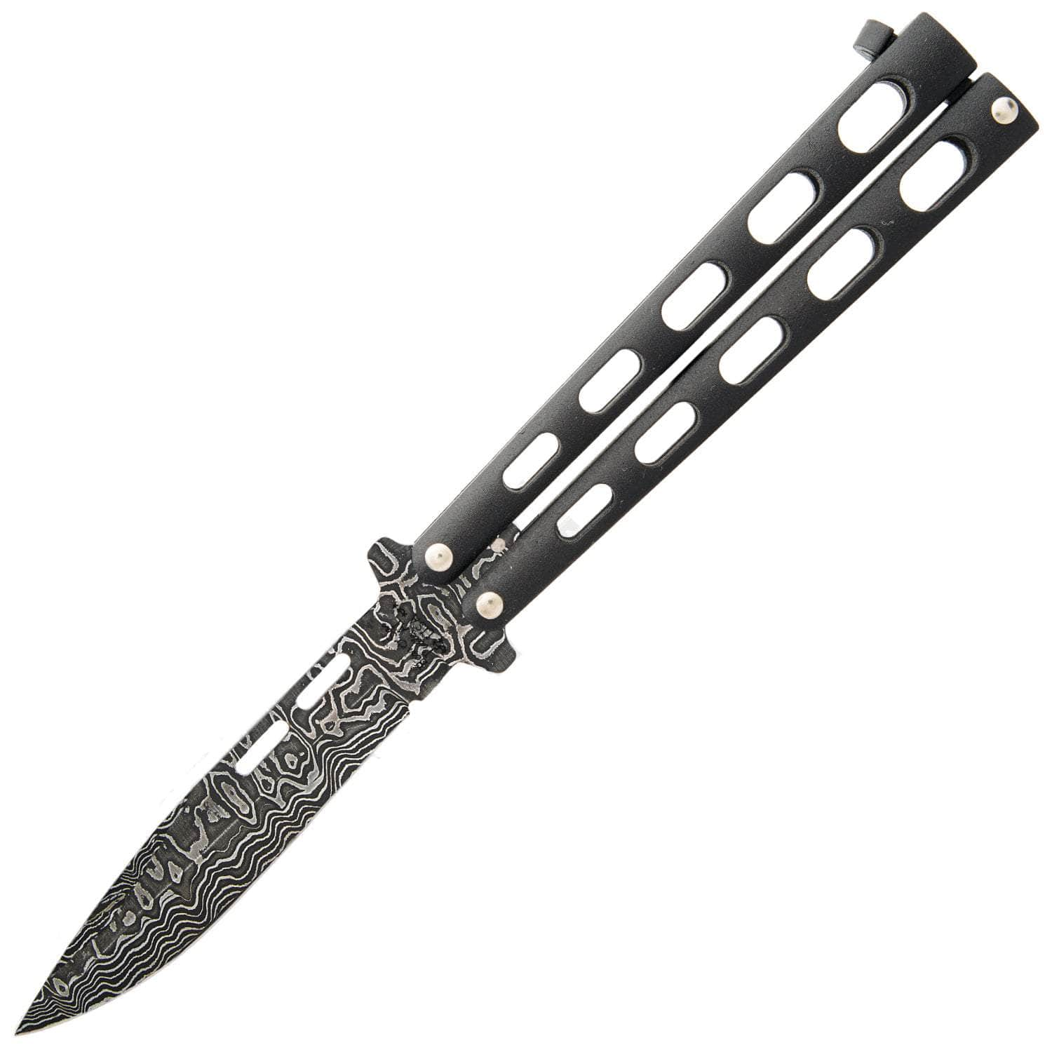 Bear & Son Damascus Butterfly Knife, 3.375 Blade, Black Zinc Handle - 115D Latest Collections Online