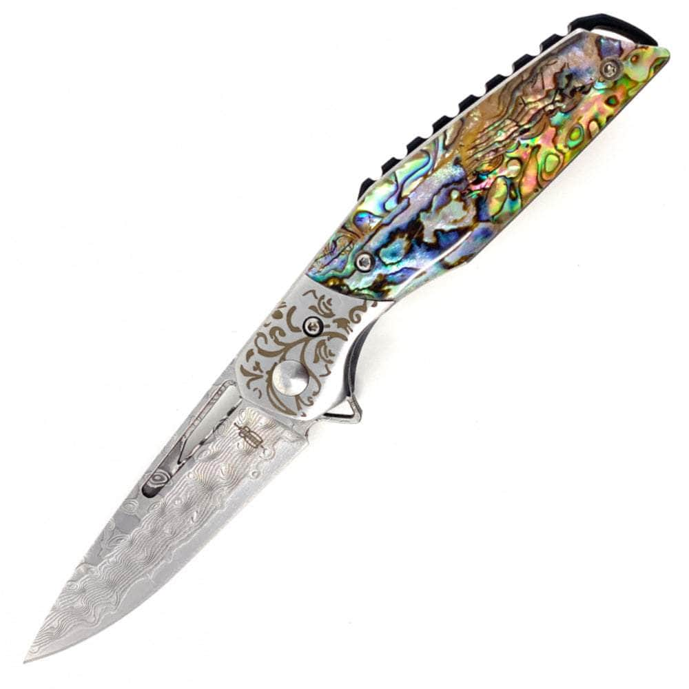 BnB Knives Abalone Flipper, 3 Damascus Blade, Abalone Handle, Sheath - BNB1991A Reliable