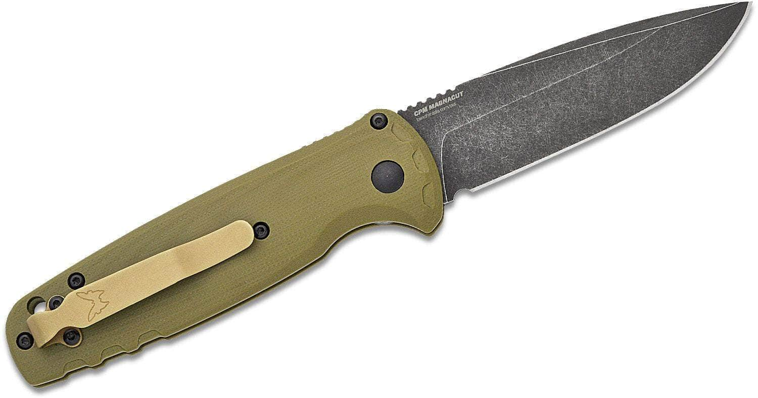 Benchmade 4300BK-02 CLA AUTO Folding Knife 3.4 CPM-MagnaCut Black DLC Battlewash Plain Blade, OD Green G10 Handle Clearance Latest