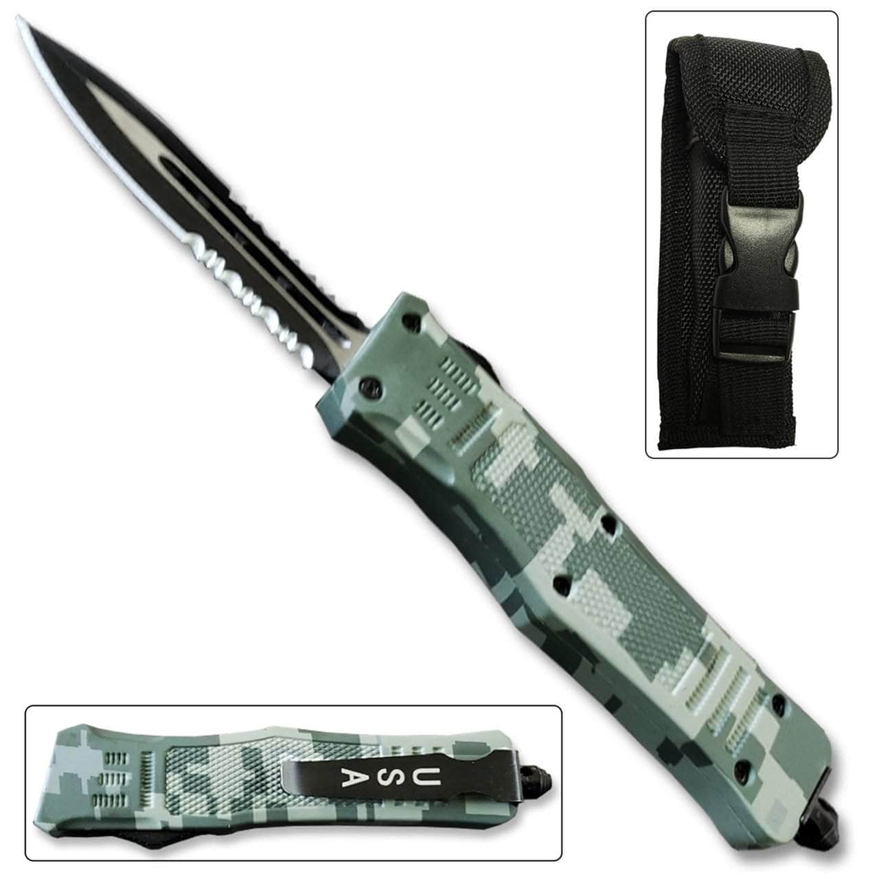 Delta Force OTF Automatic Knife, 2.75 Dual Serrated Blade, Camo Handle - OTFM-11CA Visa Payment Cheap Pice