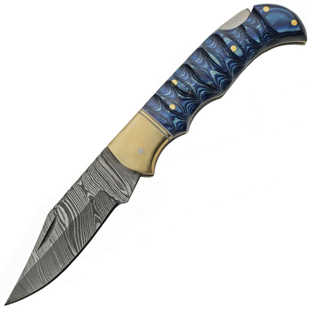 Damascus Lockback, 3 Blade, Blue Wood Handle, Leather Sheath V DM-1303BL Buy Cheap Best Wholesale