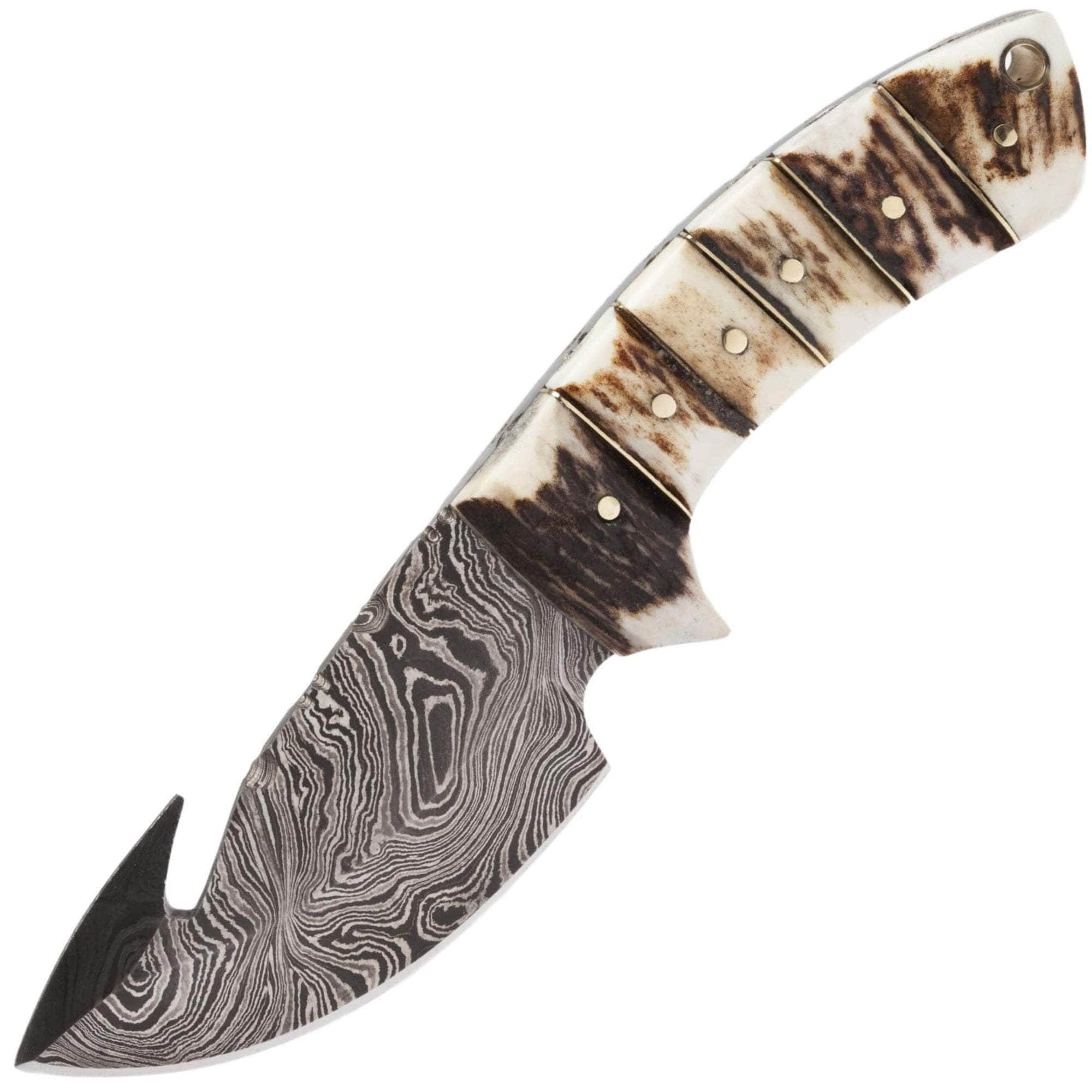 White Deer Damascus Steel Skinner, 3.5 Guthook Blade, Stag Handle, Sheath DM-101 Cheap Sale Online Online