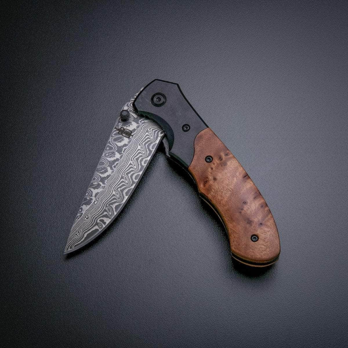 BnB Knives Damascus Army Folder, 3.125 Blade, Burlwood Handle - BNB142267 Choice Online