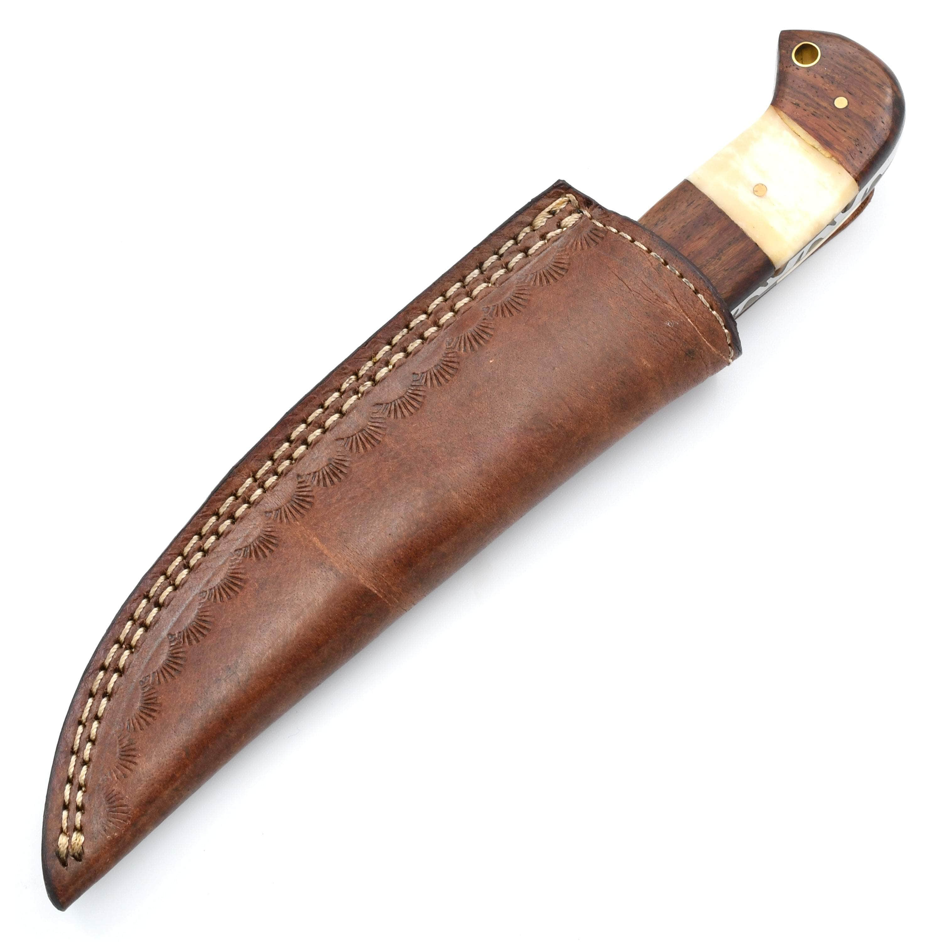 White Deer Damascus Skinner, 4.5 Blade, Wood/Bone Handle, Leather Sheath - DM-713 Amazing Pice