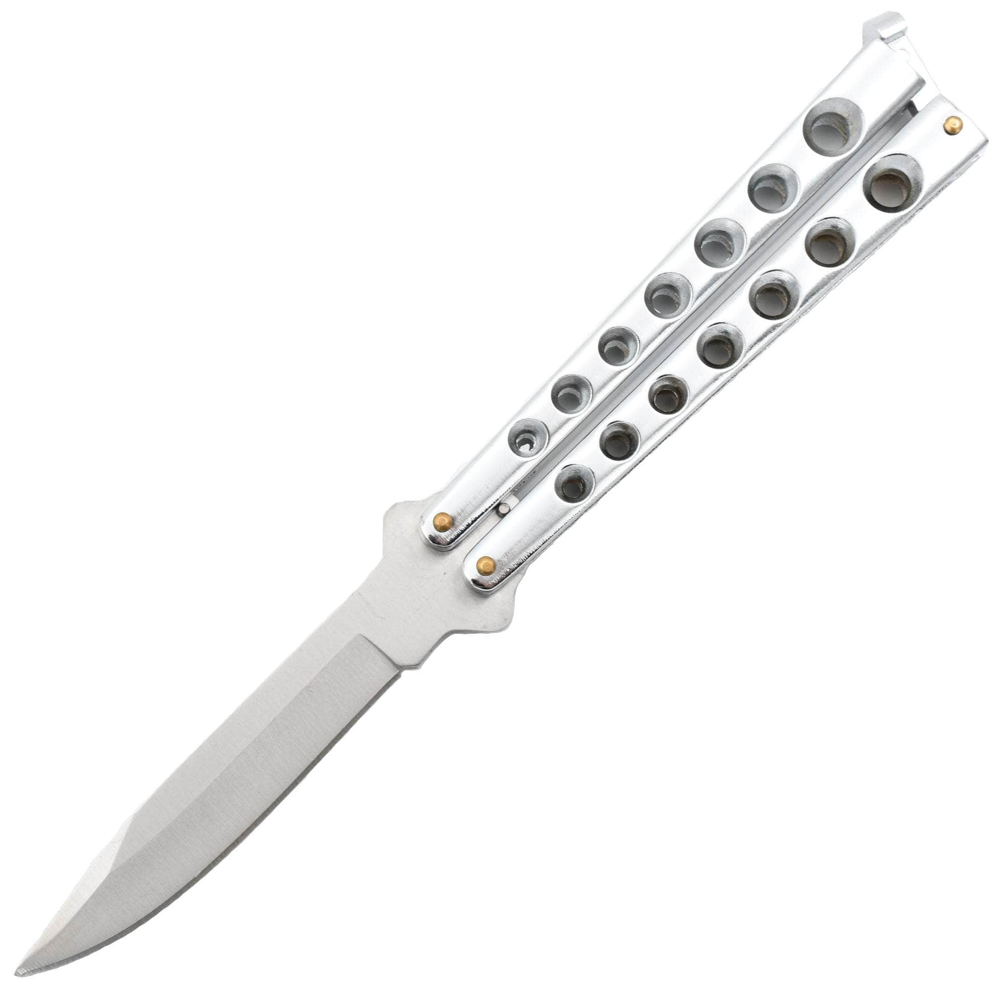 Scoundrel Silver Butterfly Knife, 4 Blade, Steel Handle. B5-S Buy Cheap Low Shipping