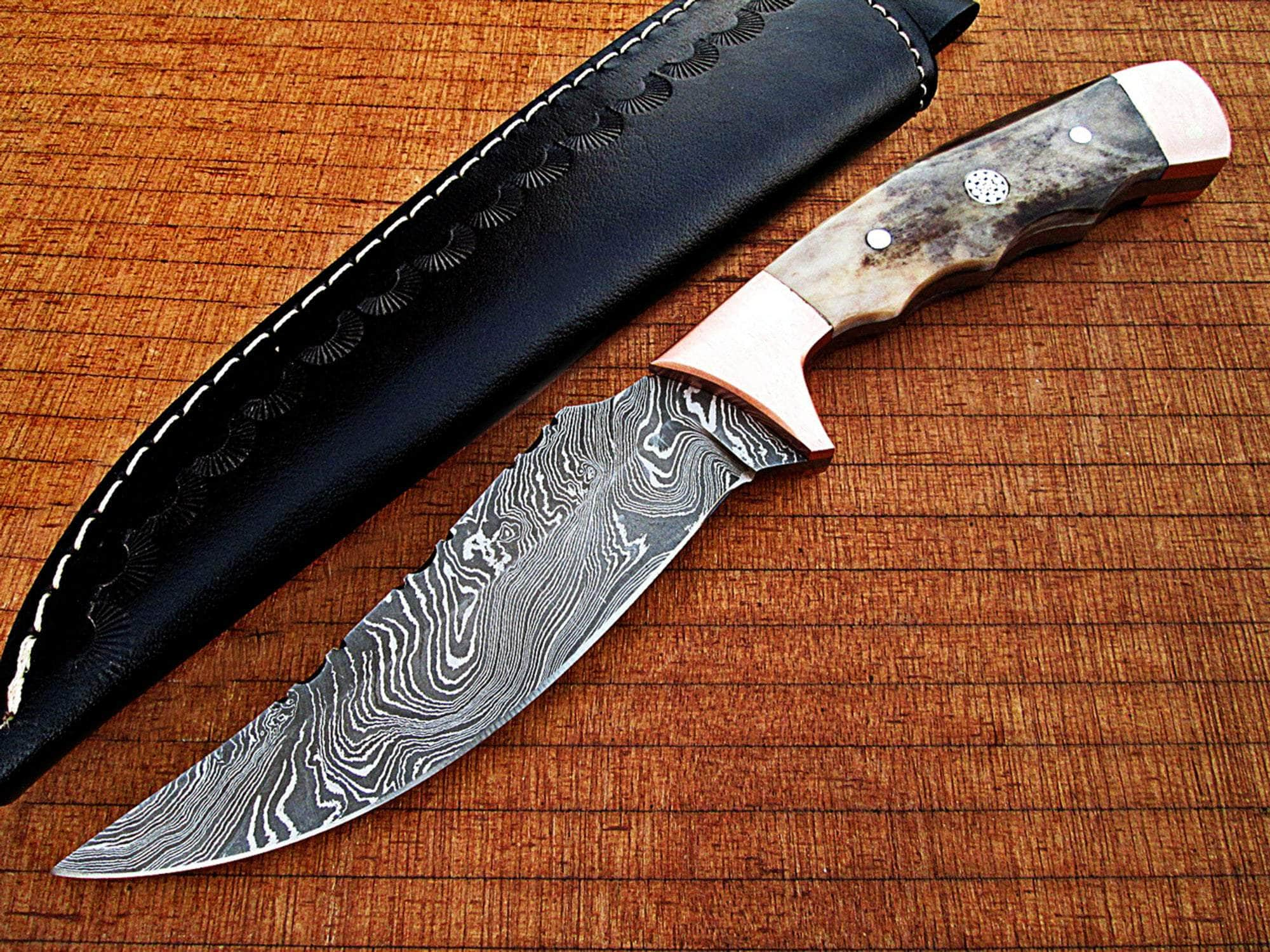 White Deer Damascus Steel Bowie, 5 Blade, Giraffe Bone/Copper Handle, Sheath Clearance Find Great