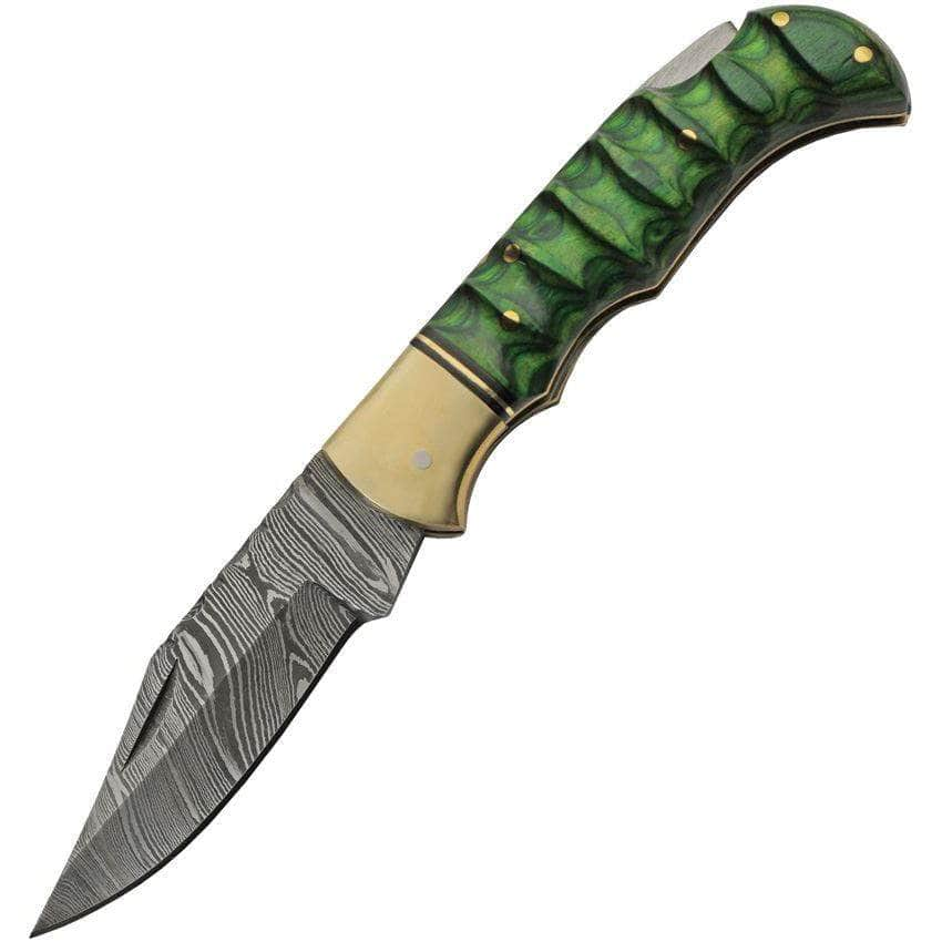 Damascus Lockback, 3 Blade, Emerald Wood Handle, Leather Sheath DM-1303GN Cheap Sale Store