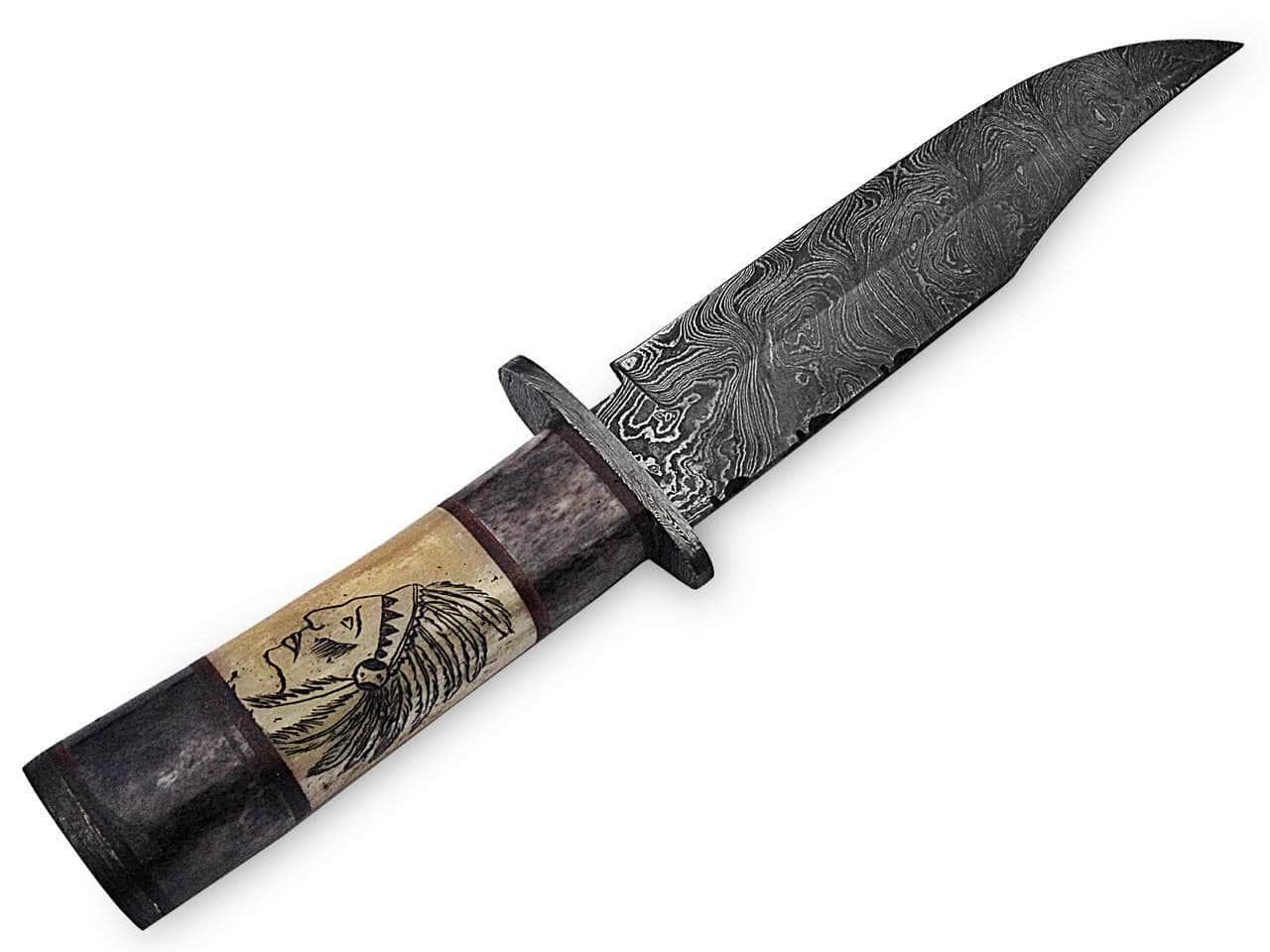 White Deer Outback Damascus Bowie, 7.4 Blade, Bone Handle, Sheath - DM-2418 Marketable