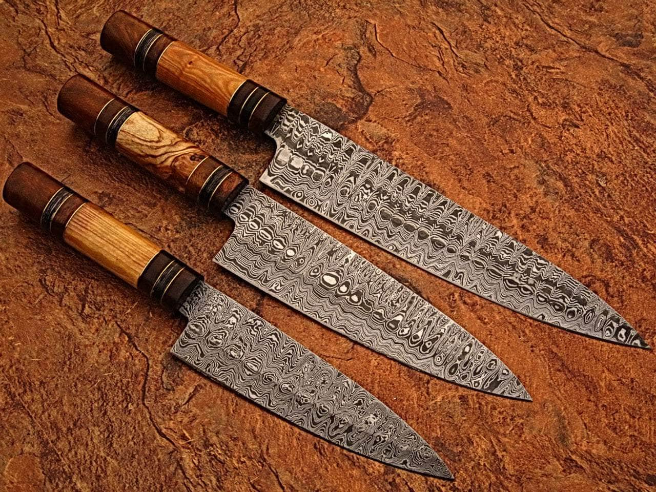 White Deer Damascus Chef Knife Set, 3 Knives with Olive Wood Handles - SDM-2262 Sale Purchase