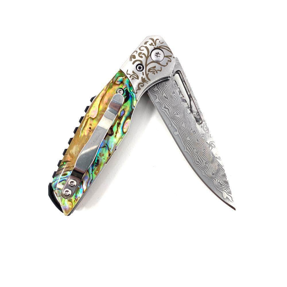 BnB Knives Abalone Flipper, 3 Damascus Blade, Abalone Handle, Sheath - BNB1991A Reliable